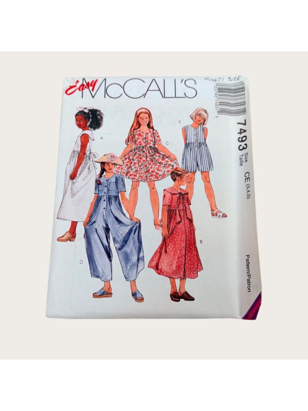 Vintage 1990s McCalls Sewing Pattern 7493 Girls Dress and Jumpsuit Size 3-5